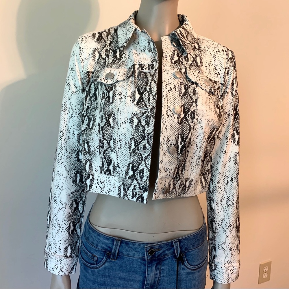 Snakeprint Cropped Denim Jacket